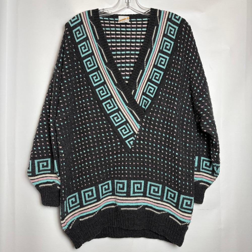 Maser M Vintage 80s Made in Austria Geometric Greek Key V-Neck Sweater Womens 12